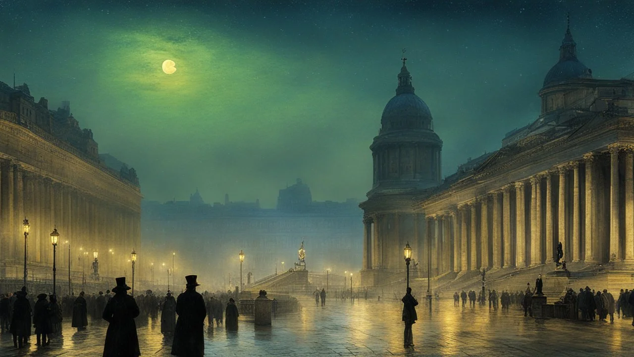 Trafalgar Square in London at night, darkness, year 1850, style john atkinson grimshaw, beautiful photographic quality image, excellent composition