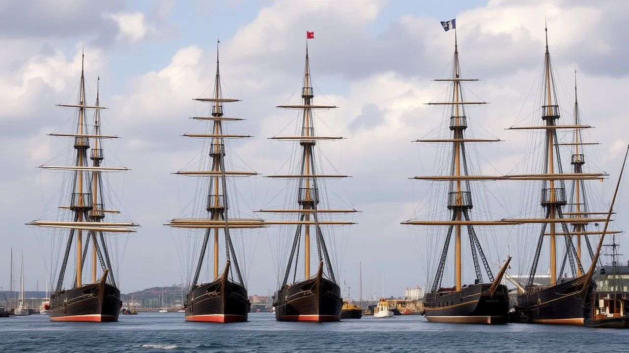 A seaport with several tall sailing ships docked, their masts and rigging visible against the sky. The ships appear to be from the 19th century, with wooden hulls and multiple masts. The scene suggests a busy maritime port from that historical period