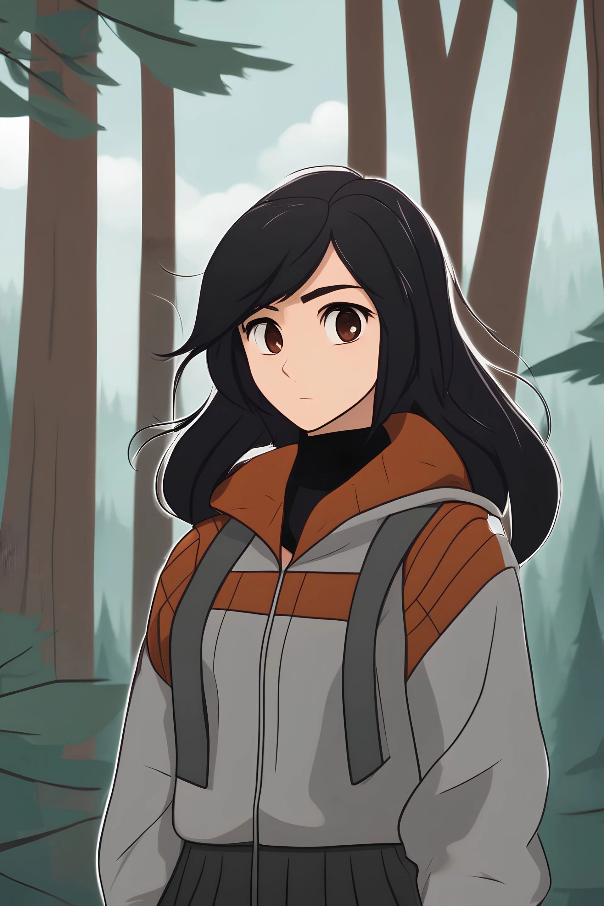 Young latino woman with shoulder length raven hair, and brown eyes, wearing a sweater, smirking, forest background, RWBY animation style