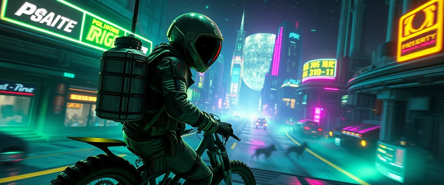 cyberpunk space city, in valley, A space priest rogue cowboy biker astronaut with disco ball rocket backpack named Dave started doing the splits, Blew a fuse in his hips and short-circuited his bits, The Martian fluffy gremlins went wild, the Plutonians dogs screamed, Even black-and-white aliens turned ultraviolet green! in the style of fallout 4 and HR Giger, background motion blur , and volume fog spot lights