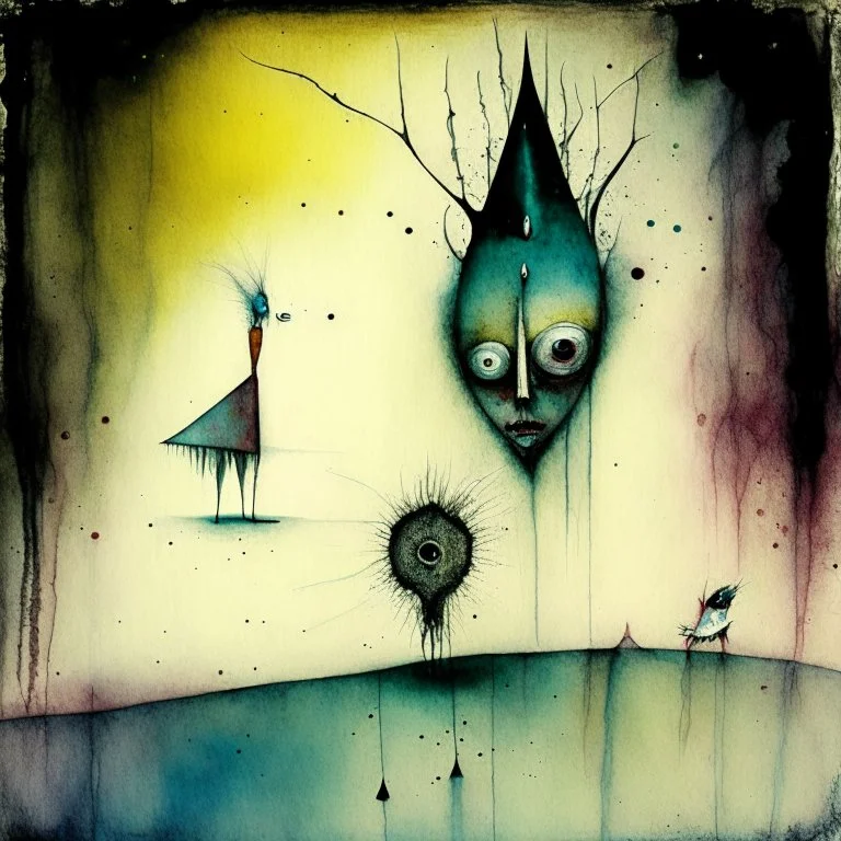 Surreal horror style by Santiago Caruso and Bridget Bate Tichenor, surreal abstract art, paranoid deep-seeded fear of abandonment, weirdcore, unsettling, asymmetric diagonal composition, colorful, sinister abstractions, pastel inkwash effect, by Joan Miro