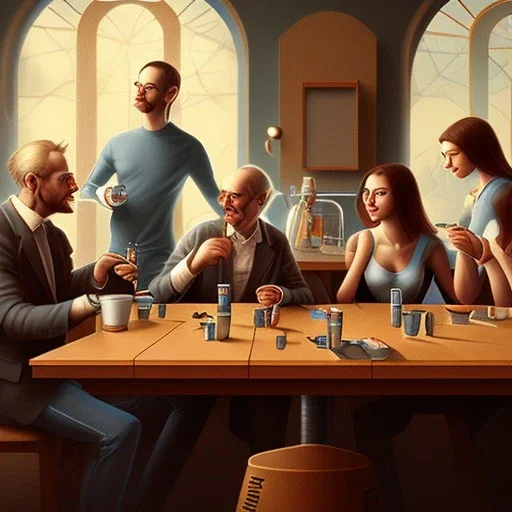 five friends, two men, three women, coffe laboratory, sitting, table, drinking, coffe