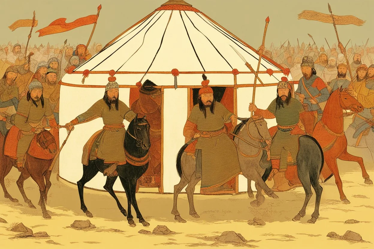 Mongol warriors around Genghis Khan in his yurt 1240s.