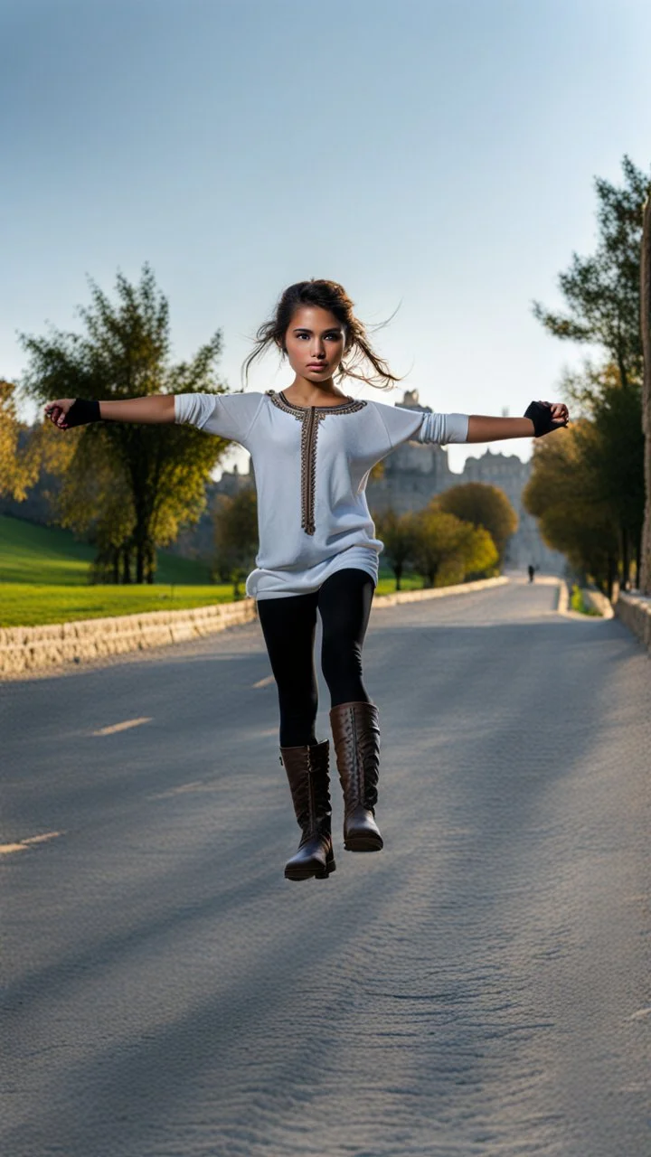 A full-body shot of an azeri girl,long boots