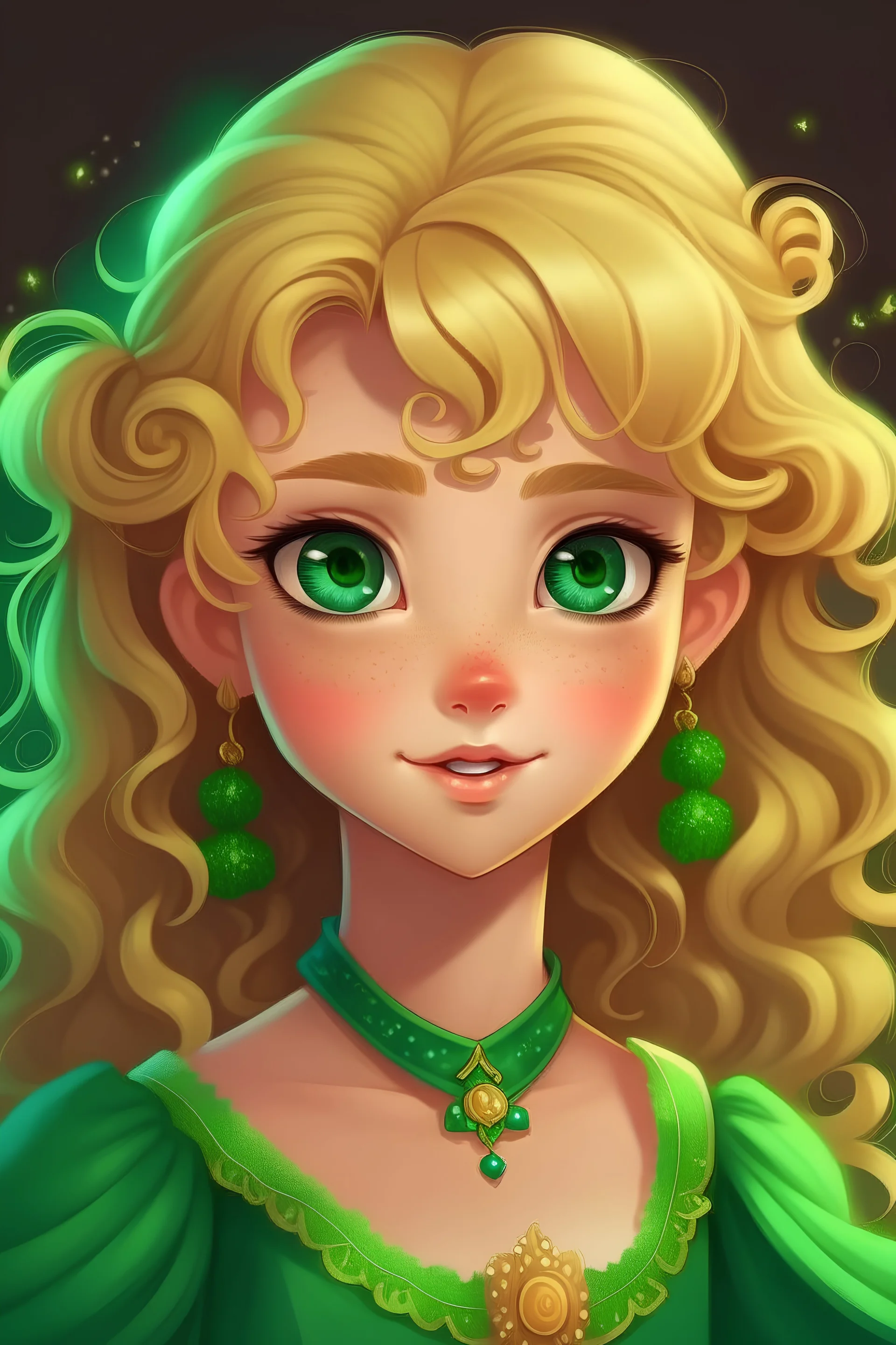 a girl with blond curly hair, green sparkly eyes, button nose, princess outfit,