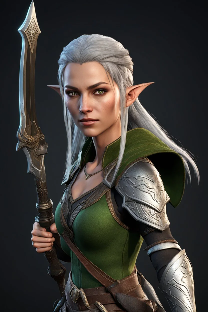 Unreal engine 5, Cryengine, RPG video game character creation screen, female Elven archer with statistics in a vertical menu bar, "Hit Points", "EXP Points", "Strength", "Dexterity", "Luck", modern video game textures, sword and sorcery video game character