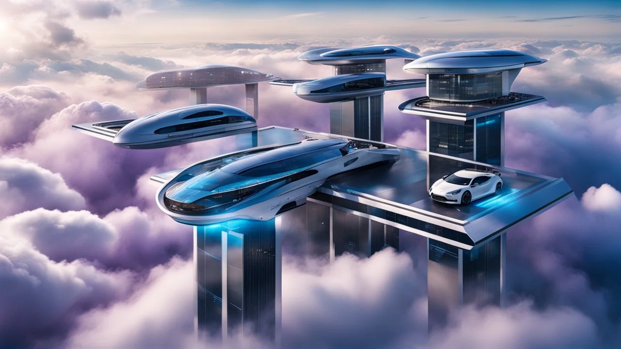 medium shot photo from high-tech futuristic office building between in big clouds , glass and metalic walls, tall, cyberpunk, blue, and dark colors with a landing dock of futuristic cars floating in the clouds, blue-white-purple sky, cold colors, high detalied, sharp focus, sci-fi mood