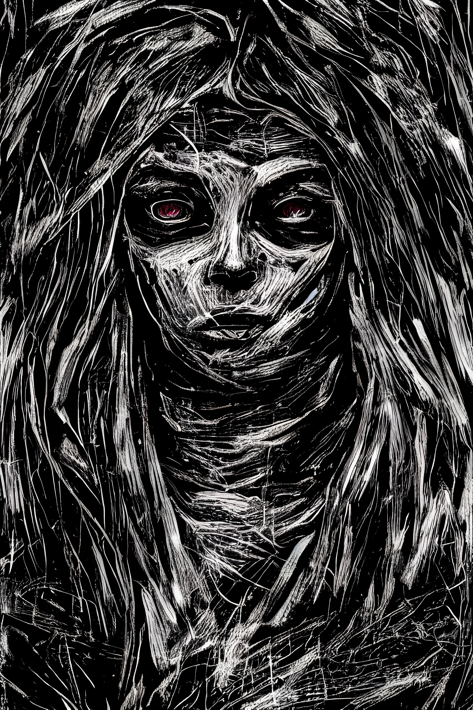 Silver on black paper portrait of female face of migraine, face distorted with pain, reverse colors, screaming, tears streaming from eyes, colorless, glitchcore, dystopian, horror, ultra realist texture, intricate line drawing, hdr, 8k, ultra symmetrical, dark futur, akira movie, stephen king style, goldorak anime style, octane render