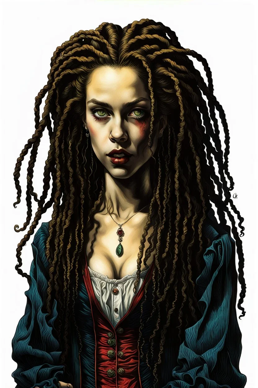 full body colored etching of a malevolent, predatory vampire girl with highly detailed dreadlock hair and facial features ,in the style of Rembrandt, Gian Lorenzo Bernini, and Johannes Vermeer, with a fine art aesthetic, highly detailed , realistic , 4k UHD