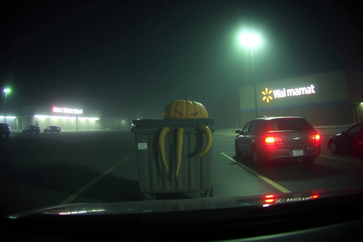 low-quality dashboard cam picture, high film grain, anthropomorphic fused centipede pumpkin hybrid hiding behind dumpster caught in headlights in a Wal-Mart parking lot in a foggy night, found footage horror, low contrast, night vision, static haze.