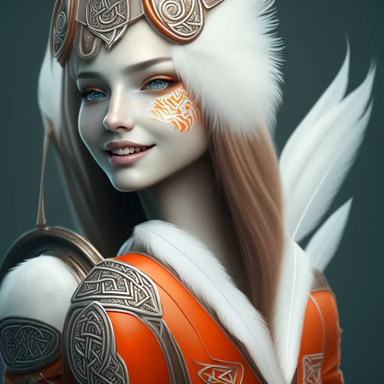 A beautiful portrait of a cute woman orange color scheme, high key lighting, volumetric light high details with white stripes and feathers and celtic paterns, animal skin-color-grey-jacket, long-sharp-teeth-front of vampire, cute smile