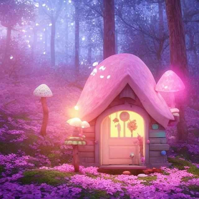 a cute pink and blue fairy house in the forest, spring time, mushrooms, 8k, flickering light, centered, high-quality, fine-detail, digital art, detailed matte, volumetric lighting, illustration, 3D octane render