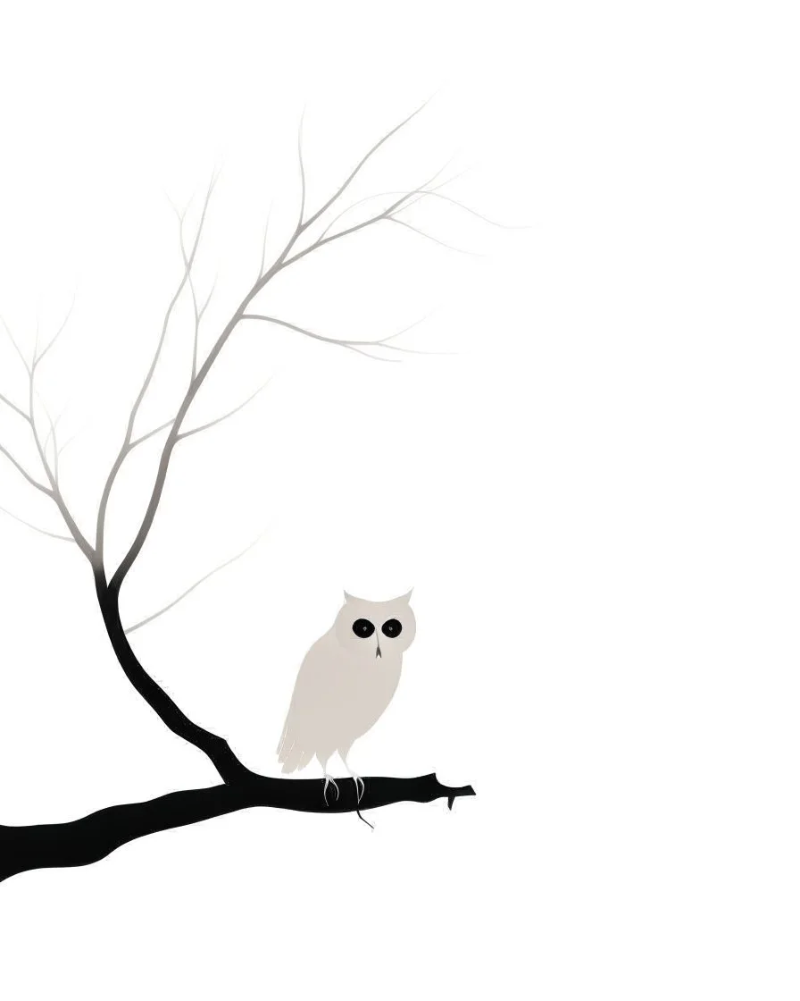 coloring page: "Minimalist 16:10 vector look of an elegant owl silhouette on a tranquil branch against a subtle pastel background, serene atmosphere, clean lines, modern aesthetic, suitable for branding
