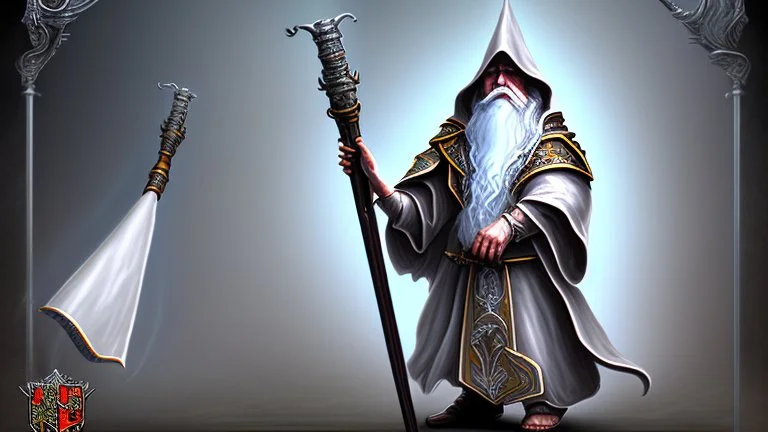 white beard hooded sorcerer raised staff before the castle