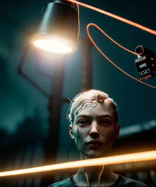 Ultra realistic photographic night portrait, cinematic, <blonde woman> <hanging wires> many wires coming out of the head <perfect pupil> <cyborg arm> <garage> <wide angle Shot> <sci-fi futuristic> <thriller>, fog, soft color, highly detailed, unreal engine 5, ray tracing, RTX, lumen lighting, ultra detail, volumetric lighting, high definition.