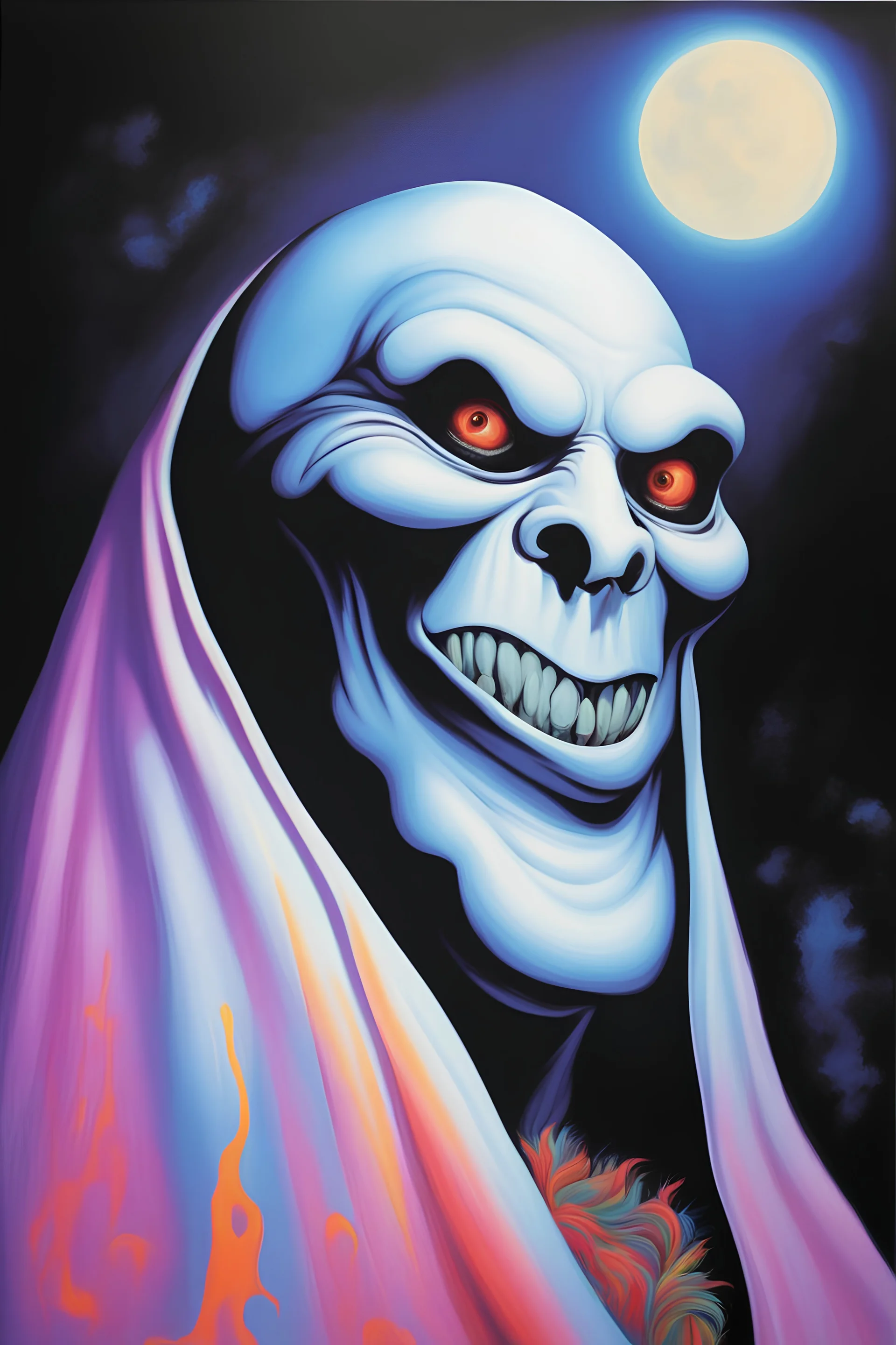 in the dead of night the bright moon shines down on a giant, extremely colorful casper the friendly ghost facial portrait, acrylic on canvas, florescent black light poster, in the art style of Boris Vallejo,