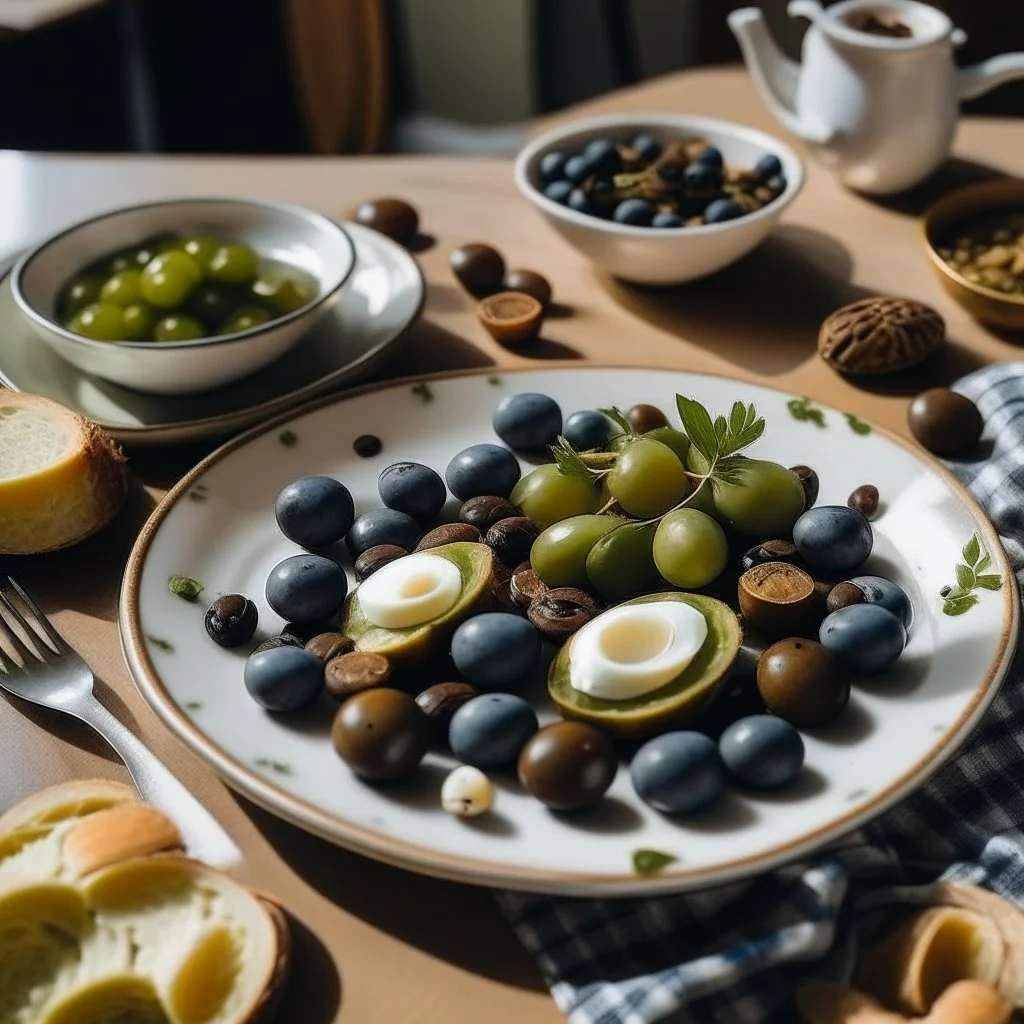 A plate of olives surrounded by breakfast