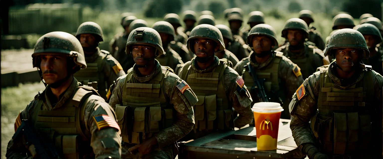 War Film but instead of U.S.A. soldiers it's McDonalds soldiers, cinematic, Fuji Film, Anamorphic lens, 2040s, deep depth of field, Solarpunk