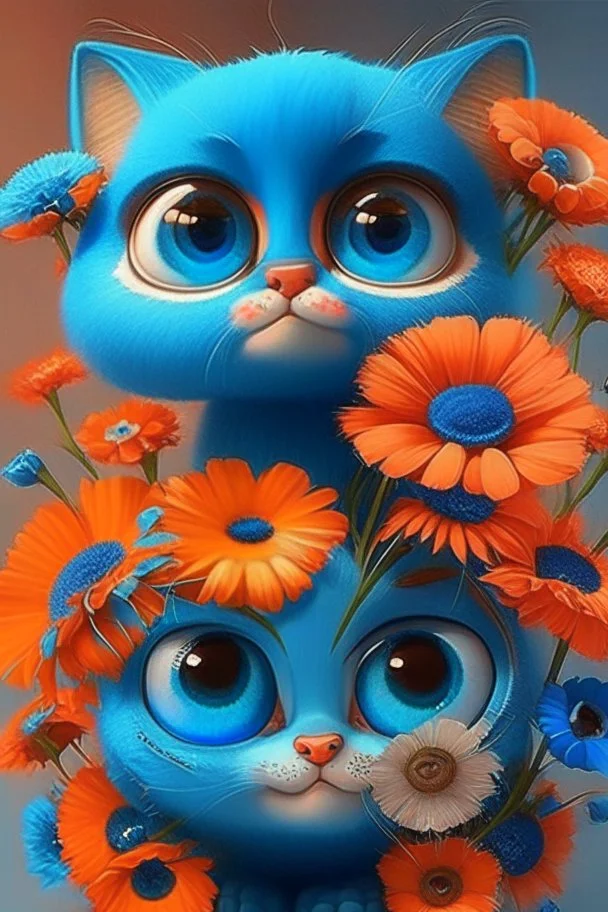 Blue and orange chibi pixar cats with big lifelike eyes and flowers