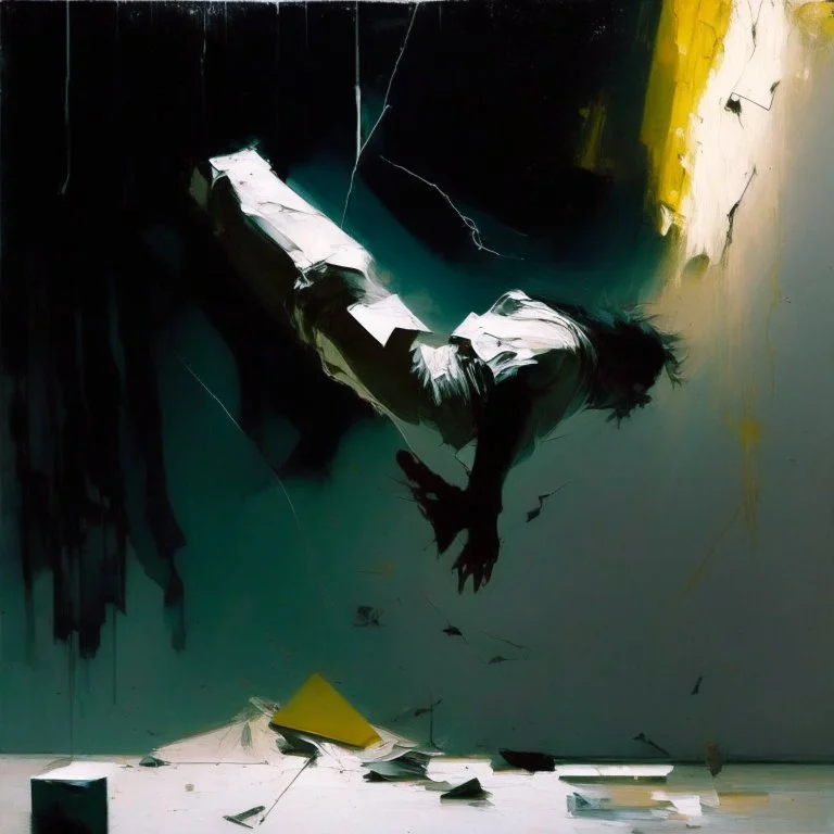 Minimal contemporary abstract oil paintings falling person limbs sinew and concrete fragments illuminated at night style of Justin Mortimer and Phil Hale