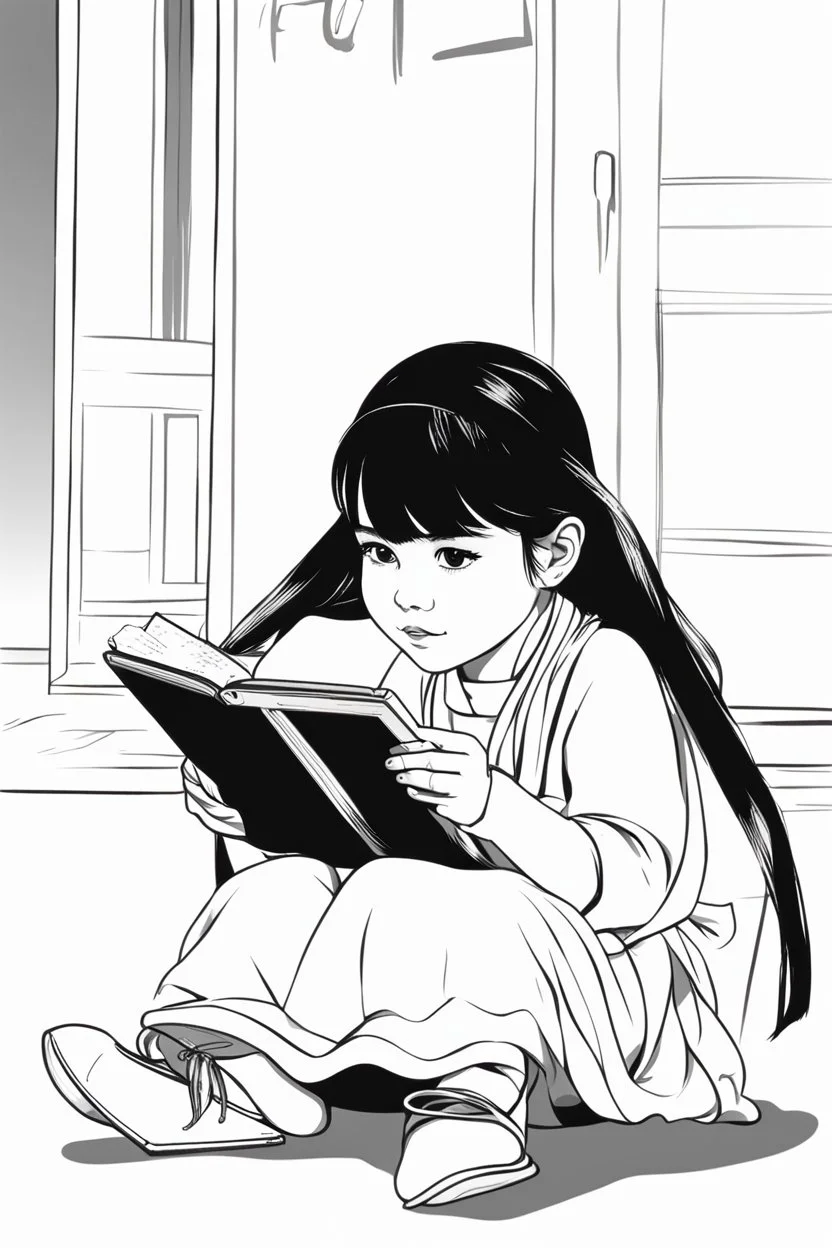 a little girl sitting on the floor holding a tablet, wearing a head scarf, white bangs, document photo, photo still of, paint, wet drapery, unmasked, diary on her hand, 5 years old, focus close on mischievous eyes, hand - drawn animation, with long black hair, portrait of dangerous