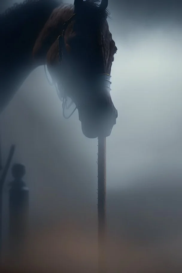 closeup on dark horse pole vaulting, trending art, 8k, depth of field, volumetric fog