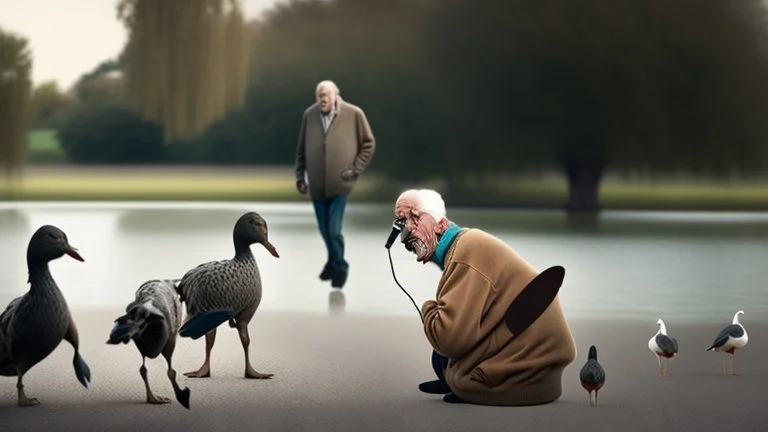 old man talks on phone while chasing ducks away, looking very confused