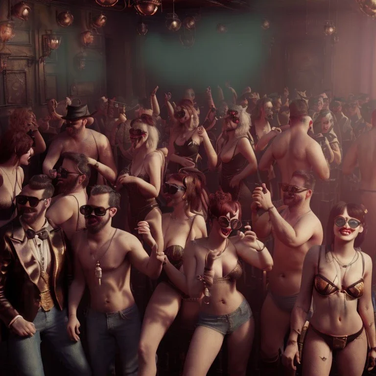 Realistic photo, medium shot view, strong men, cabaret scene, steampunk. Women, Drunken, Sunglasses, smoking, happy, hot. Many people background, highly detailed, concept art, unreal engine 5, ray tracing, RTX, lumen lighting, ultra detail, volumetric lighting, 3d, finely drawn, high definition, high resolution.