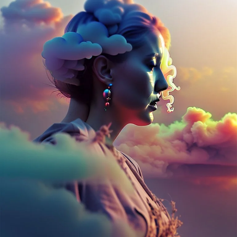 smoke plumes, clouds, smog, city scape with pollution, woman, double exposure photography, colourful nature, clean sharp focus, on white background, Fractal Geometry buildings, sacred geometry