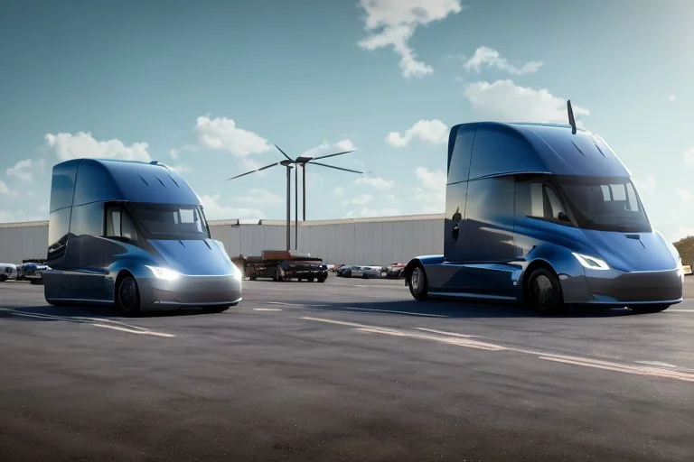 A Tesla 'Semi' (semi truck) is parked, in the 'Kennedy Space Center' in Florida. (CINEMATIC, WIDE ANGLE LENS, PHOTO REAL)