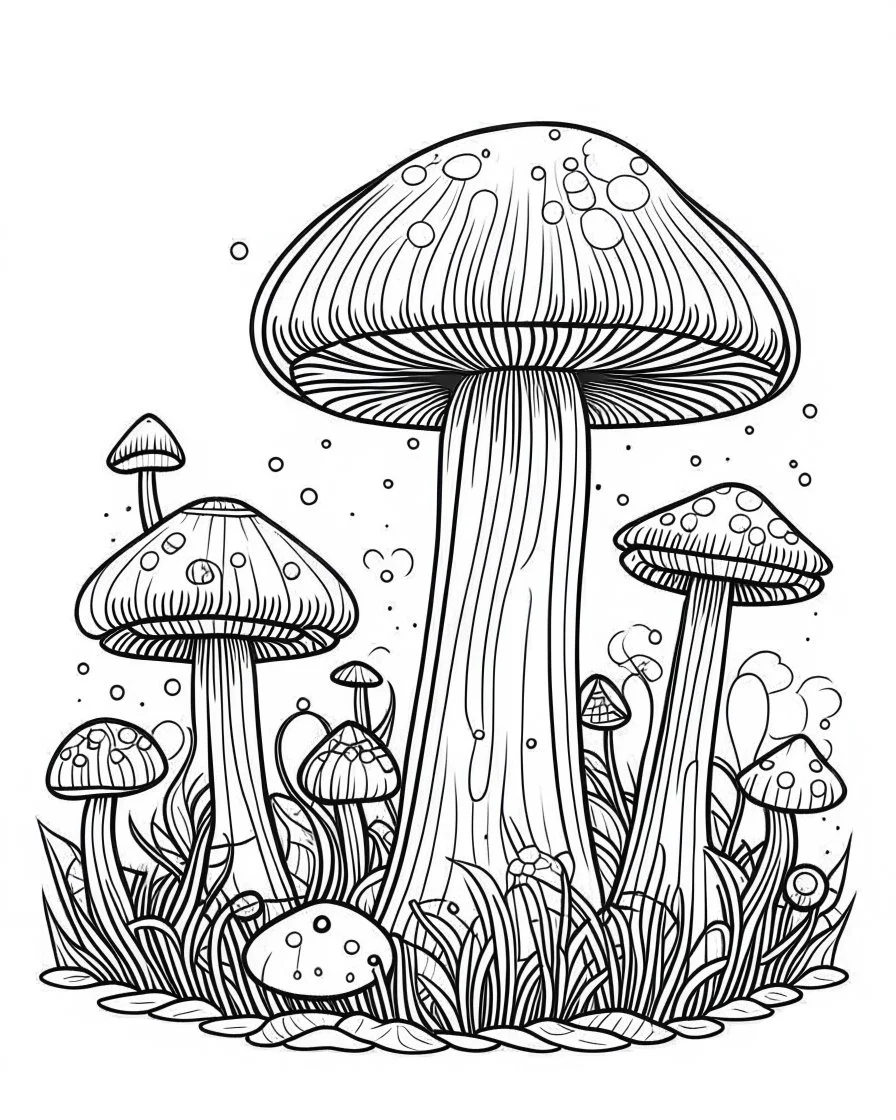 mushroom world minimalistic landscape. line art, background, vector, svg, coloring book page style, black outline on white background