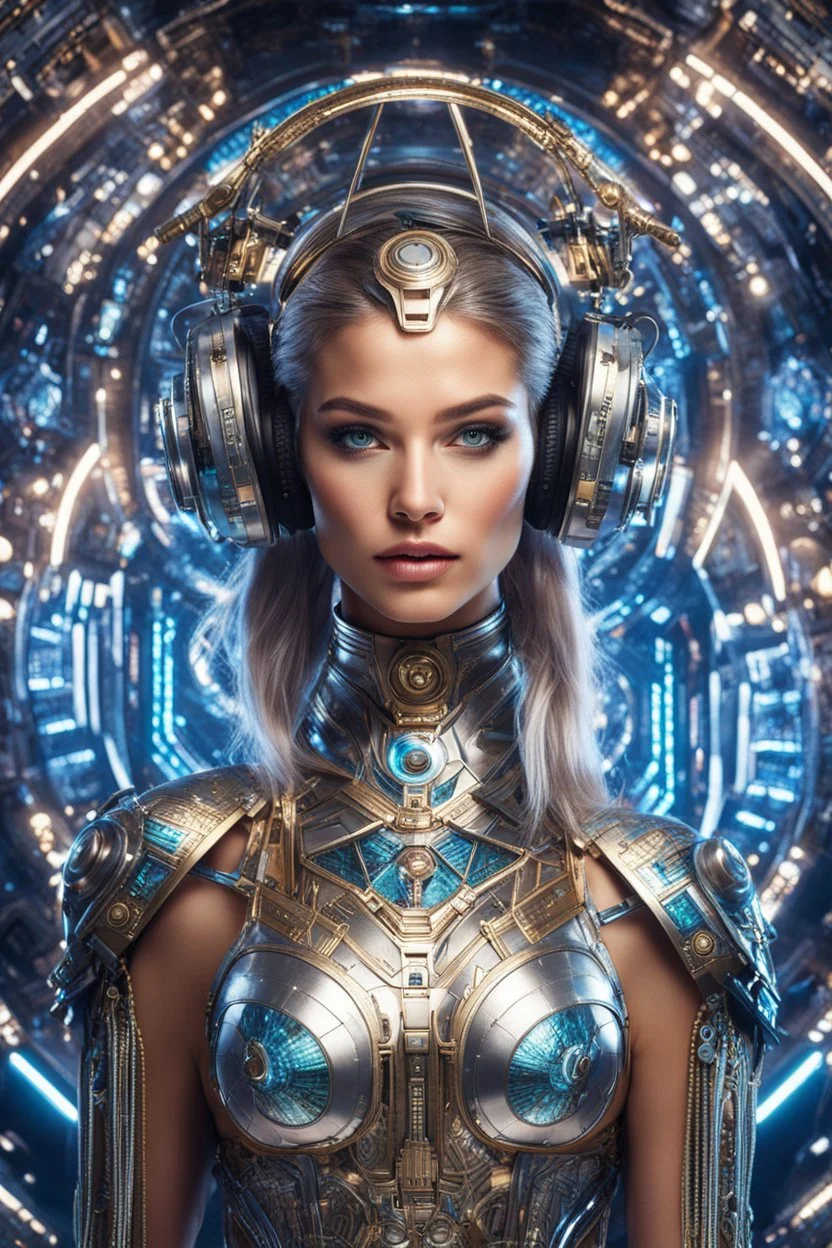 photography front view of super model Russian beautiful woman as dj player,headphones ,dressing mech in transformative style, his metallic skin gleaming with intricate textures and intricate details, captured in an ultra-realistic style that blurs the lines between reality and imagination,cosmic spaceship background