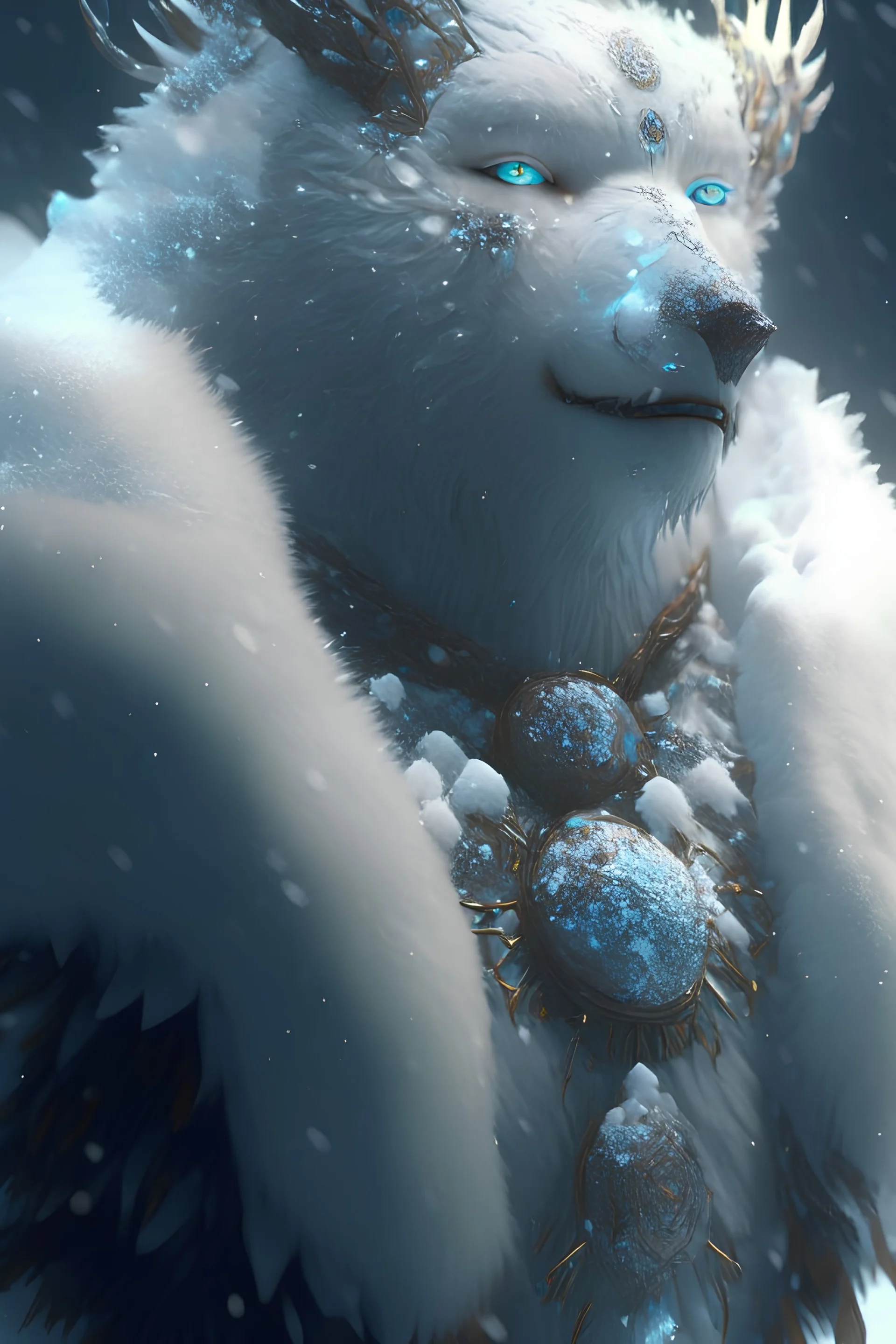 Snow creature ,hyper detailed, digital art, trending in artstation, cinematic lighting, studio quality, smooth render, unreal engine 5 rendered, octane rendered, art style by klimt and nixeu and ian sprigger and wlop and krenz cushart