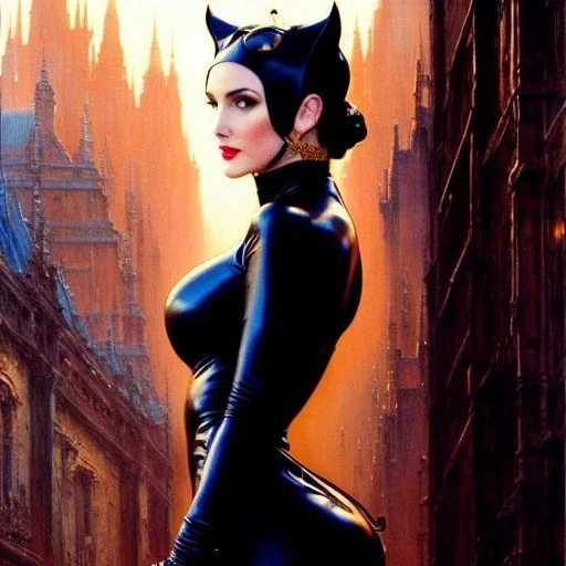 Drawing of beautiful face,'beautiful ,Busty CAtWoman',intense stare, ancient skintight armor, balanciaga fashion clothe painting by gaston bussiere, greg rutkowski, yoji shinkawa, yoshitaka amano, tsutomu nihei, donato giancola, tim hildebrandt, Oil on canvas, cinematic composition, extreme detail,fit full head inside picture,16k