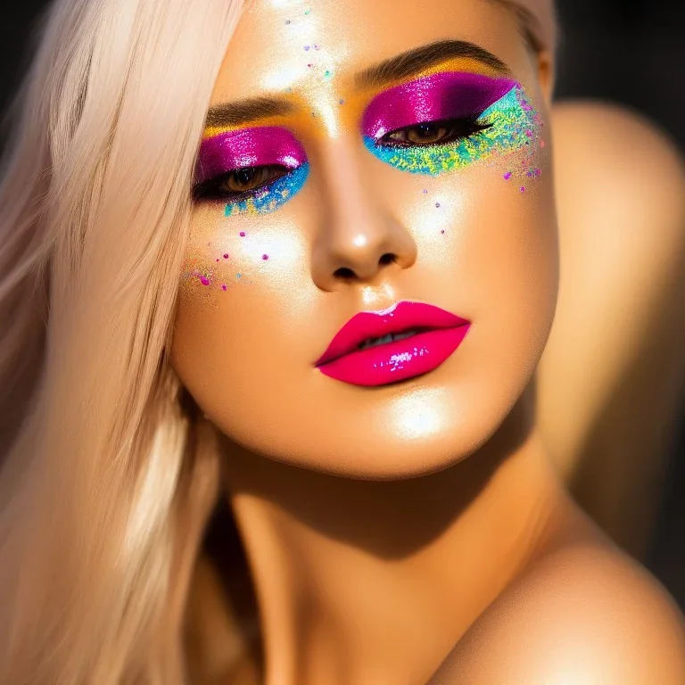 masterpiece, best quality, woman, sparkling eyes, fluorescent skin, colorful makeup, blond flutter hair, highly detailed body, sun light, 4K, RAW, depth of field, high contrast, realistic details, 24mm