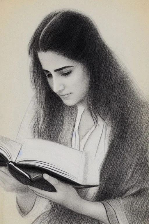 Pencil sketch of Young woman, Arab features,sad, long wavy hair, reading a book, full body، on lined paper