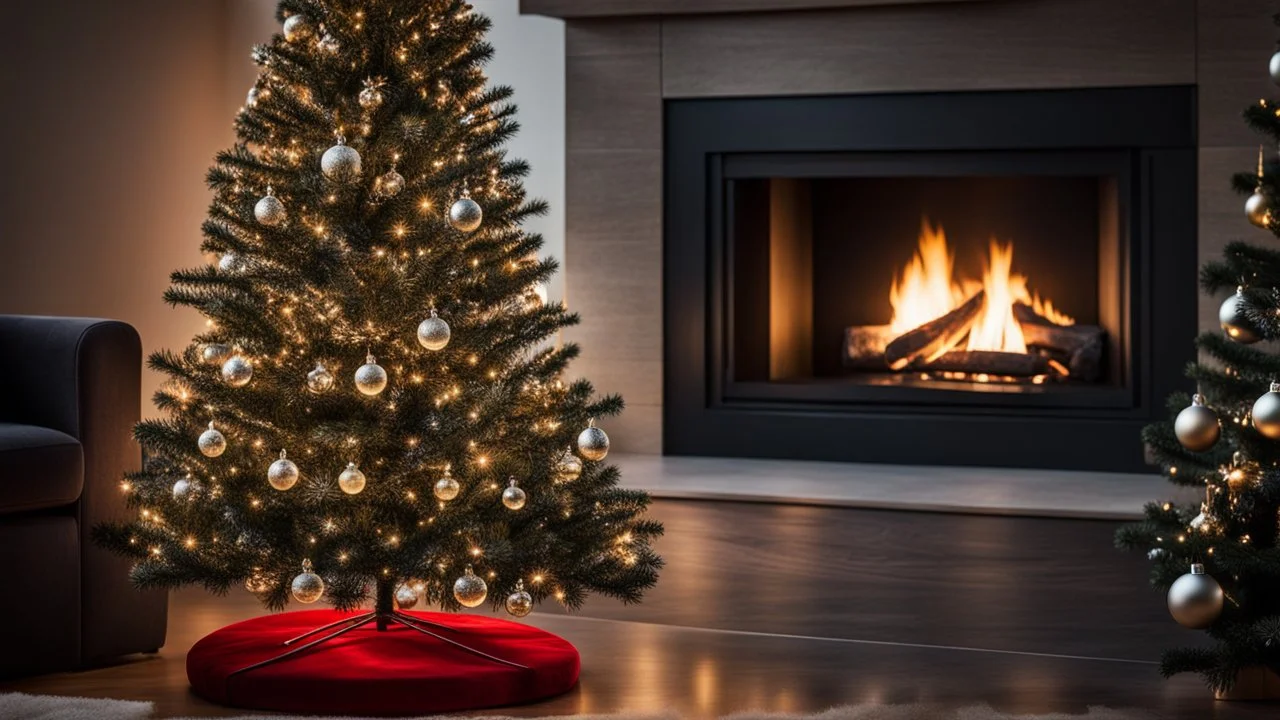 darkness,photoreal A majestic Christmas tree, adorned with twinkling lights, in the living room,next to the fireplace,christmas decoration,lights off,cozy,calm,high-quality photograph,otherworldly creature, in the style of fantasy movies, photorealistic, shot on Hasselblad h6d-400c, zeiss prime lens, bokeh like f/0.8, tilt-shift lens 8k, high detail, smooth render, unreal engine 5, cinema 4d, HDR, dust effect, vivid colors,night