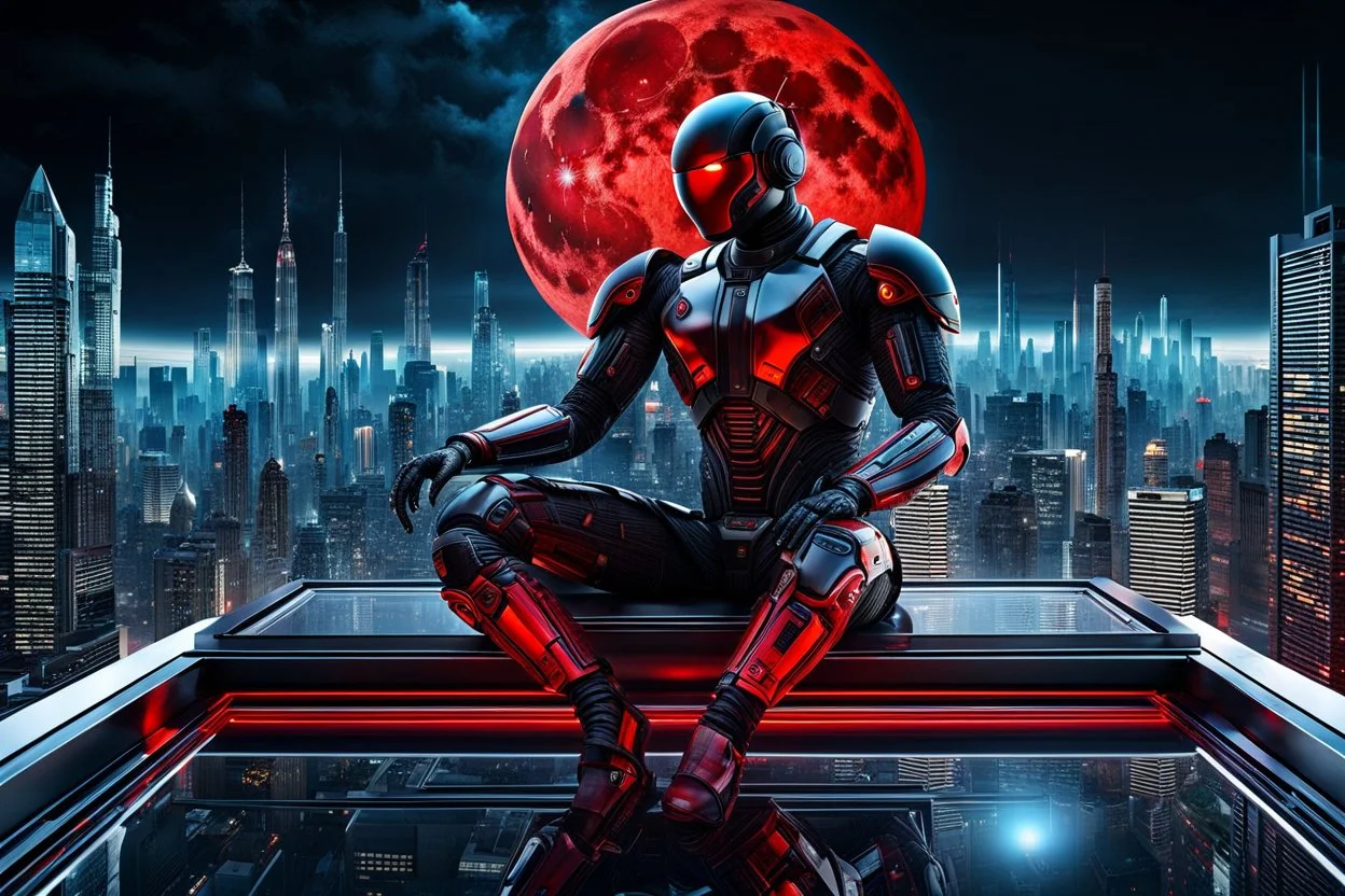 translucent glass human-android mutante with all its nerve endings visible inside sitting on glass roof and lookin the red-black moon in hightech cyber city, dynamic lighting, hyperdetailed, intricately detailed, deep color, cinematic, unique, melancolic atmosphere