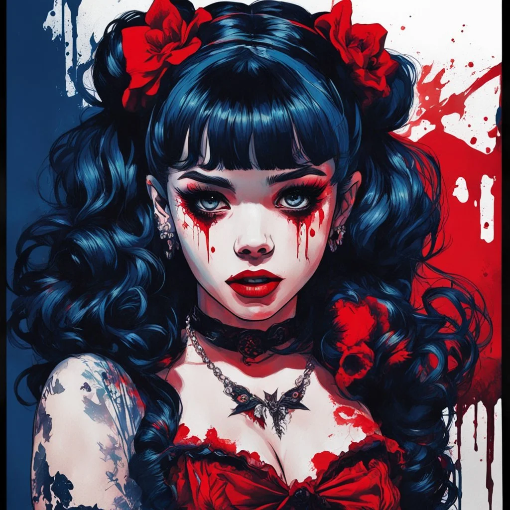 Poster in two gradually, a one side malevolent goth vampire girl face and other side the Singer Melanie Martinez face, full body, painting by Yoji Shinkawa, darkblue and red tones,