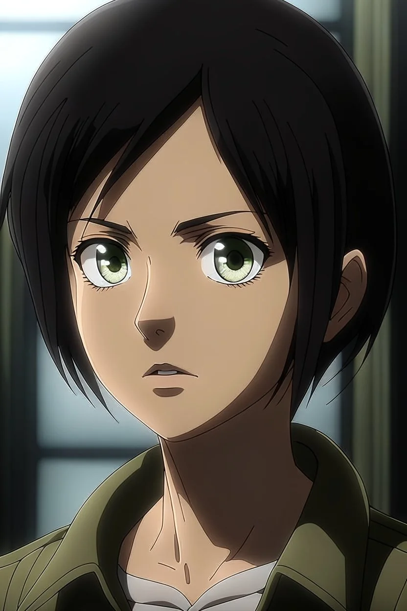 Attack on Titan screencap of a female with short, black hair and big greenish brown eyes.