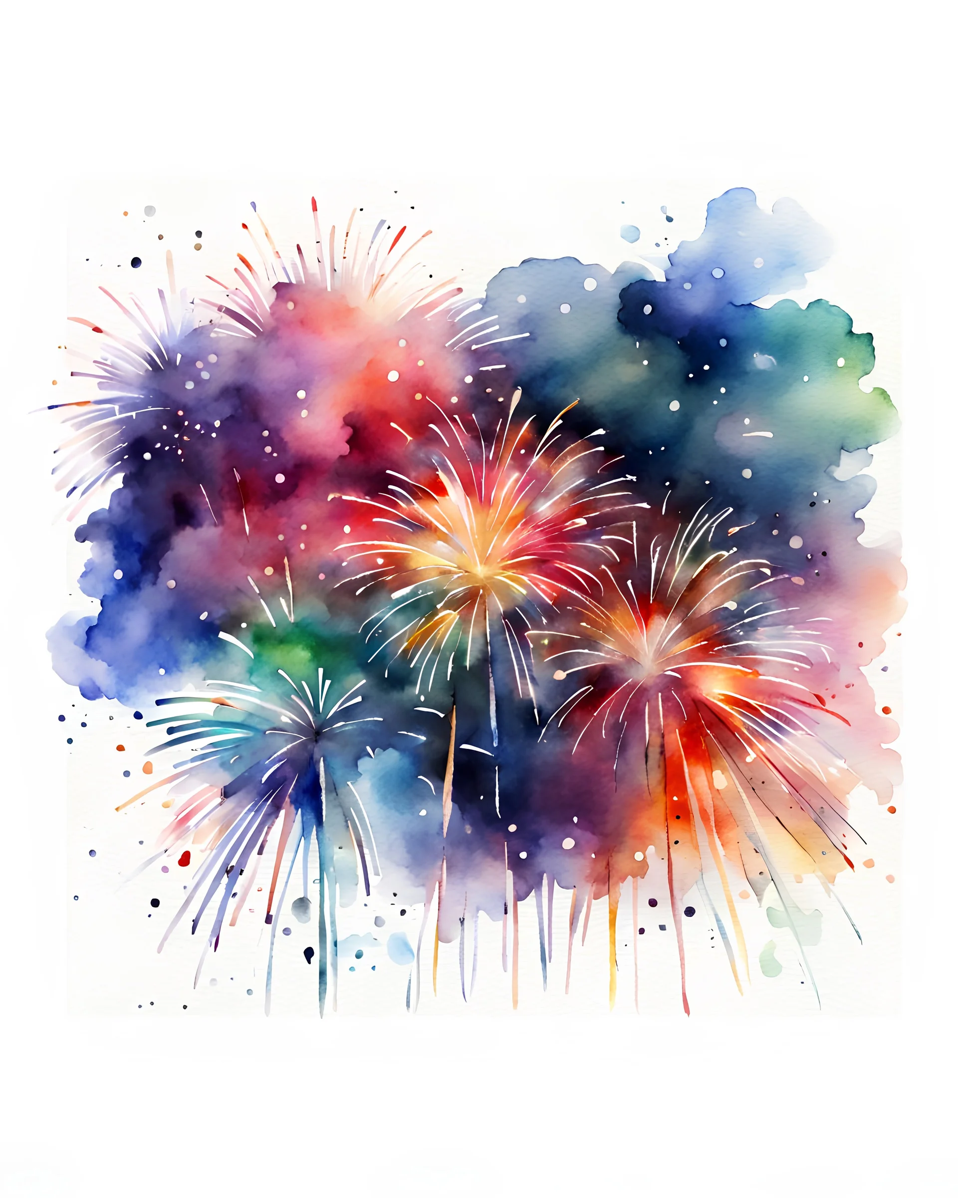 water color new year night fireworks in sky,watercolor painting, colorful,white background