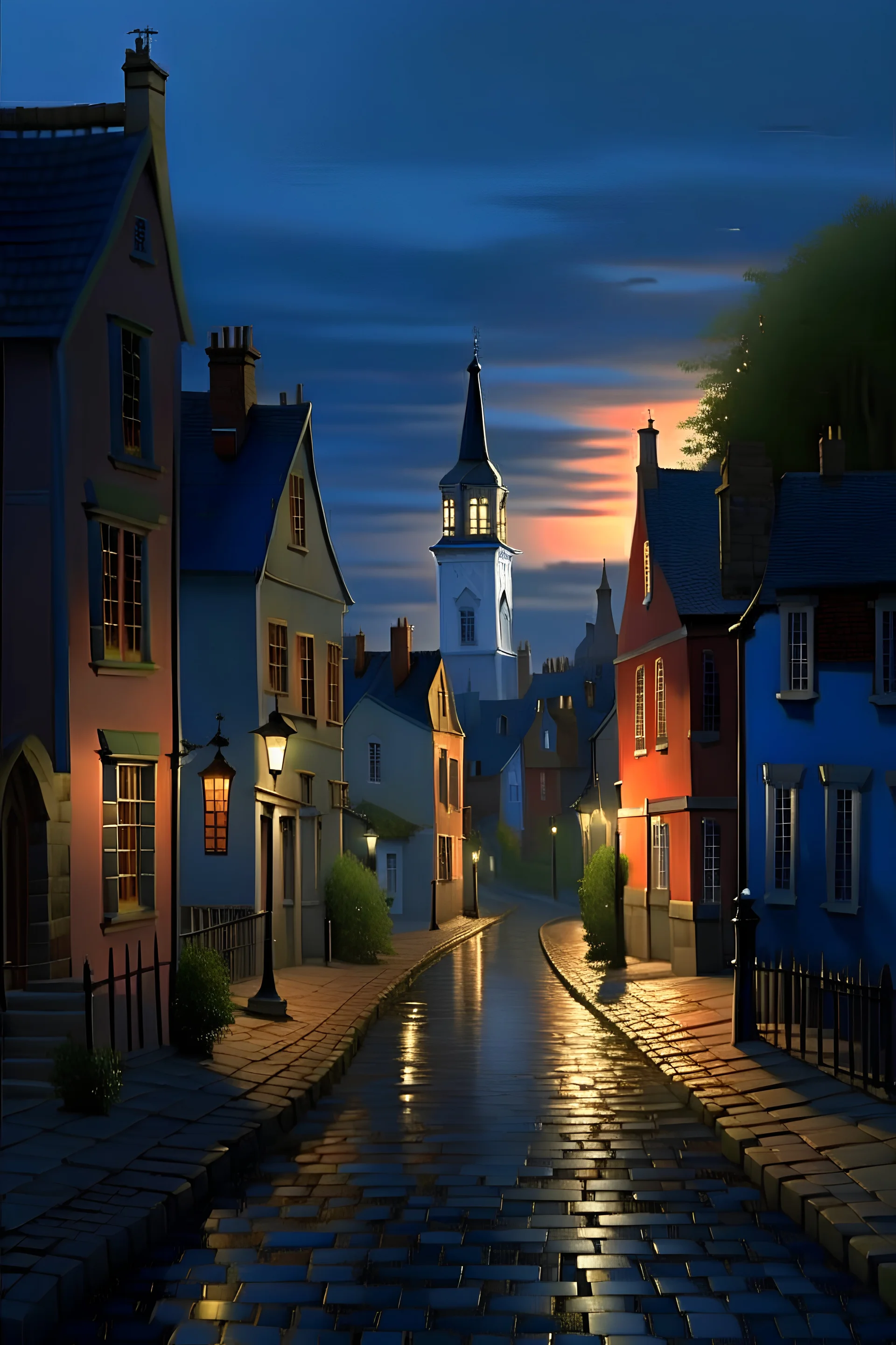 tranquil evening in a quaint town. Houses with illuminated windows dot the landscape, with their warm glow contrasting against the cool blue hues of the evening sky. Raindrops glisten on the cobblestone streets, reflecting the soft light from the street lamps. In the distance, a church or cathedral with a prominent spire stands tall, its silhouette contrasting against the fading light. The overall ambiance is one of serenity and nostalgia, evoking feelings of coziness and warmth amidst the chill