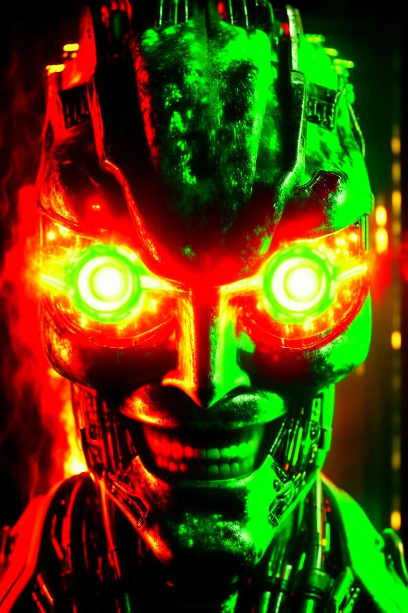 Face of an evil robot with a demonic smile, white eyes, surrounded by flames, youthful green light, fire starter in the background