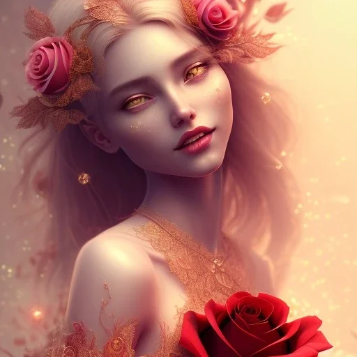 red rose beautiful girl smile,utra realistic,highly detailed, gold, pink, jewels, lace, masterpiece, delicate detailed, sharp focus, insanely detailed, fantasy art, intricate detailed, elegant, fog, Special Lighting, Vibrant, color Scheme, forest, unreal engine 5, trending on artstation