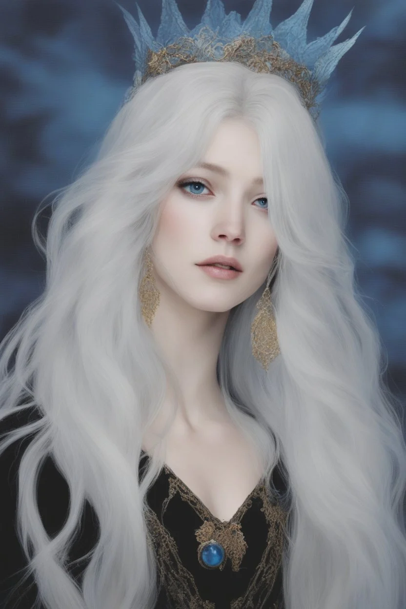 Moon queen long white hair, black robes, blue eyes