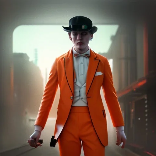 Clockwork orange Alex, real, full body, distopic background, cyberpunk, dramatic lighting, hyper realistic, 8k