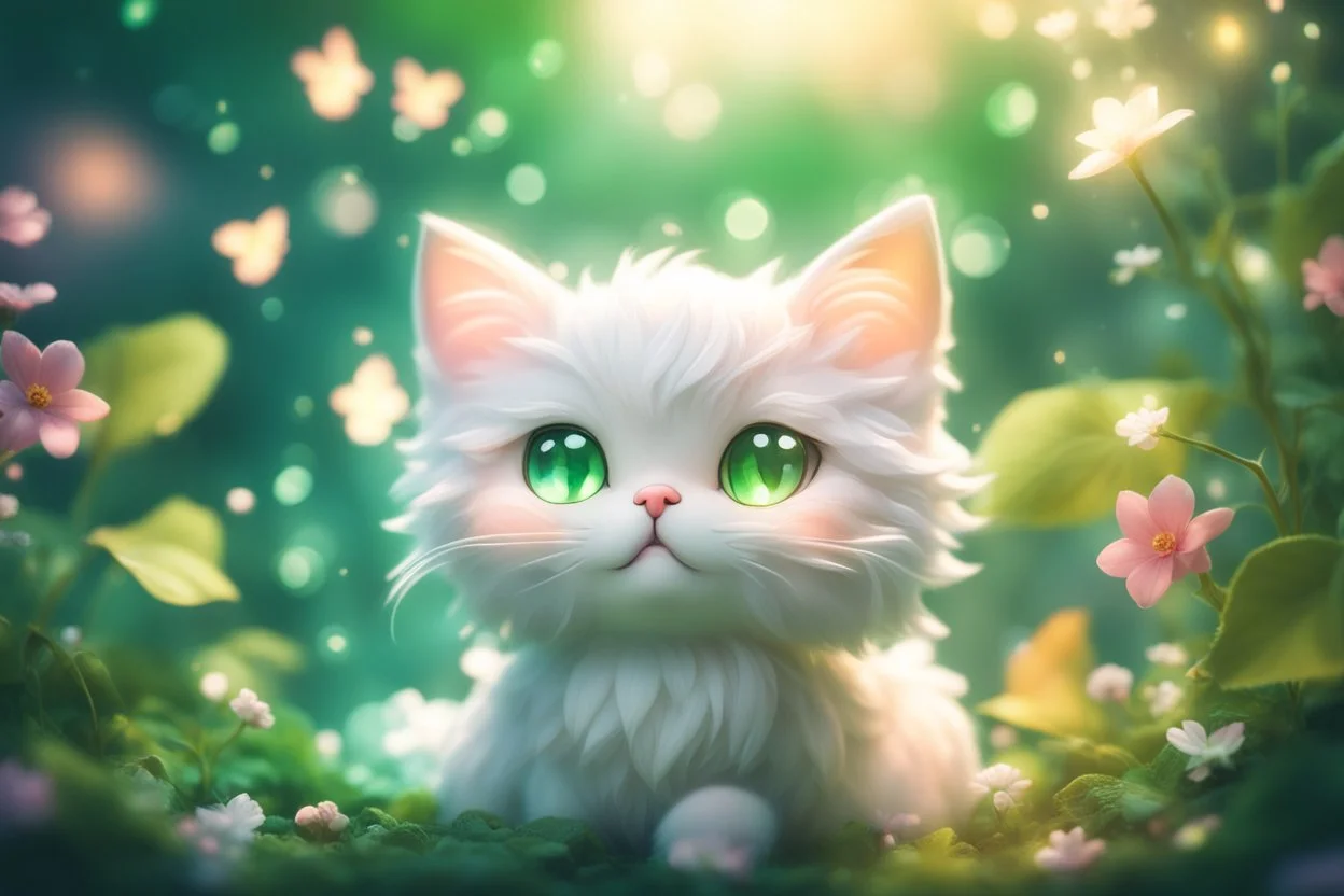 diaphanous colorful transparent light cute chibi anime cat with glowing center on green leaves and flowers, ethereal, otherwordly, cinematic postprocessing, bokeh, dof