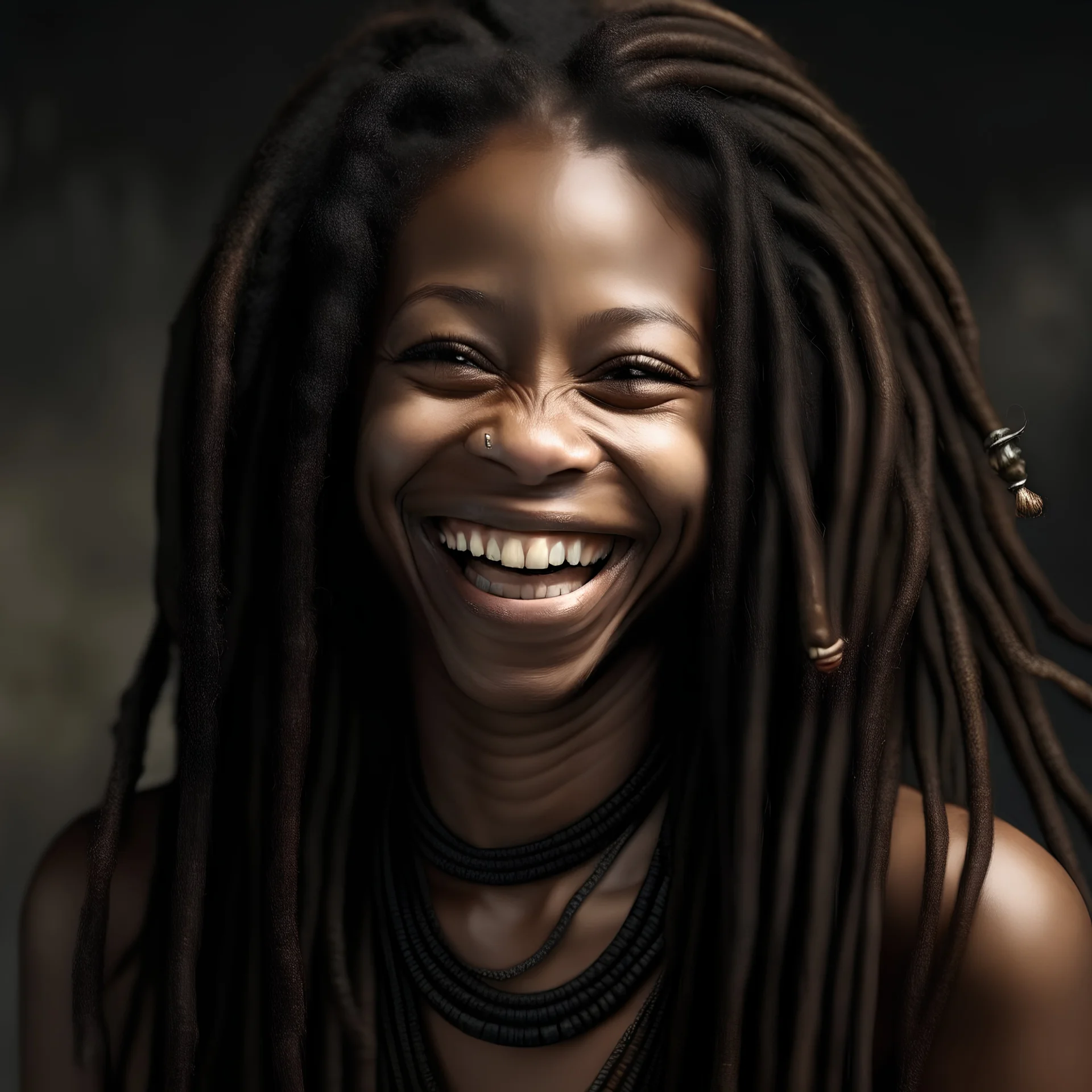 black woman long dreadlocks dark brown eyes full lips laughing