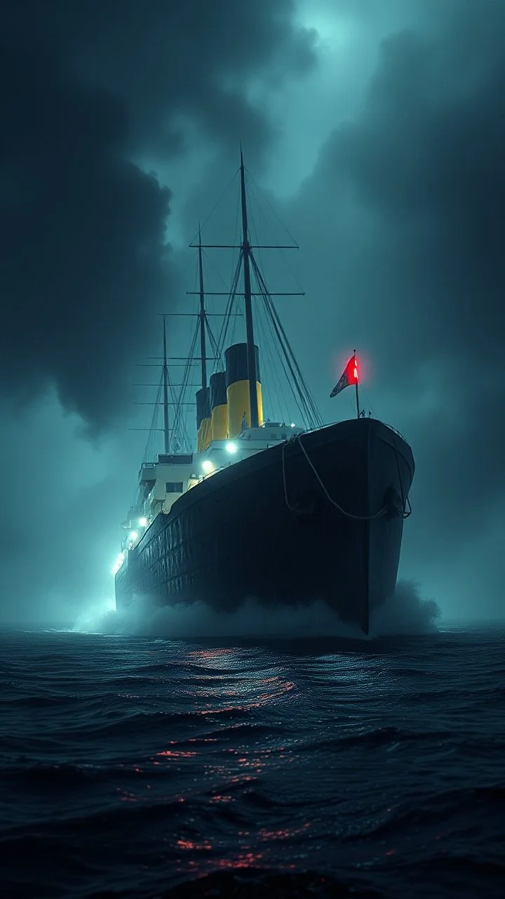 ,surrealism of the dark of a nightmare , hyper photorealistic, hyper detailed bright art color, high resolution, fog, octane render, tilt shift, HDRI Environment, all pictures dark gray, a torpedo hitting a ship