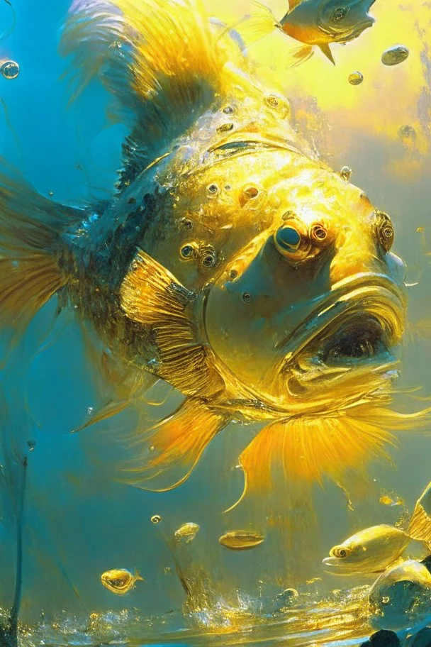 cartoon distorted fish lagging, digital art, beautiful, golden hour, sharp focus, ultra detailed, astral, magic, surreal, by Andon Harav, Ivan Shishkin, John Berkey, masterpiece, award winning painting, renowned artists,